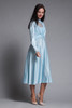 cage halter midi dress matching jacket set ruffles slinky knit light blue vintage 70s SMALL S