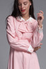 pink linen bow dress Peter Pan collar petal applique long sleeves vintage 60s LARGE L