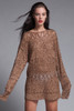 plus size metallic crochet mini dress / tunic vest knit set 2-piece fringed see through copper long sleeves vintage 70s disco 1X