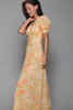 floral maxi dress short doll sleeves empire waist yellow orange vintage 70s SMALL S