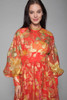 metallic maxi dress red gold lurex floral sheer balloon sleeves high neck vintage 70s SMALL S