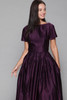 50s cocktail dress eggplant purple satin new look fit and flare pleated vintage XS extra small 