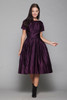 50s cocktail dress eggplant purple satin new look fit and flare pleated vintage XS extra small 