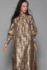 evening gown maxi dress bubble sleeves brown gold metallic paisley brocade vintage 70s LARGE L