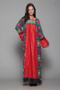 red maxi dress ethnic embroidery batik cotton bubble sleeves vintage 70s S M SMALL MEDIUM