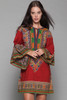 dashiki mini dress burgundy red cotton long angel sleeves vintage 70s S M SMALL MEDIUM