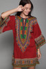 dashiki mini dress burgundy red cotton long angel sleeves vintage 70s S M SMALL MEDIUM