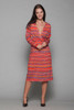belted faux wrap dress red wavy stripes jersey knit deep plunging v vintage 70s LARGE L
