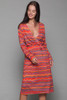 belted faux wrap dress red wavy stripes jersey knit deep plunging v vintage 70s LARGE L