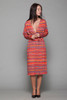 belted faux wrap dress red wavy stripes jersey knit deep plunging v vintage 70s LARGE L