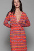 belted faux wrap dress red wavy stripes jersey knit deep plunging v vintage 70s LARGE L