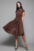 1950s fit and flare pleated dress chocolate brown cocktail v back vintage 50s XS EXTRA SMALL