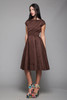 1950s fit and flare pleated dress chocolate brown cocktail v back vintage 50s XS EXTRA SMALL