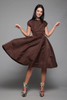 1950s fit and flare pleated dress chocolate brown cocktail v back vintage 50s XS EXTRA SMALL