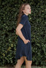 knit mini dress navy blue mock turtle neck short sleeves (S-XL)