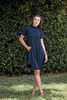 knit mini dress navy blue mock turtle neck short sleeves (S-XL)