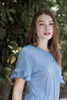blue ruffled sleeve top key hole crinkled knit (S-XL)