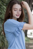 blue ruffled sleeve top key hole crinkled knit (S-XL)