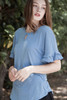 blue ruffled sleeve top key hole crinkled knit (S-XL)