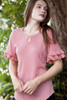 pink ruffled sleeve top key hole crinkled knit (S-XL)