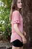 pink ruffled sleeve top key hole crinkled knit (S-XL)