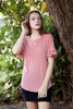 pink ruffled sleeve top key hole crinkled knit (S-XL)