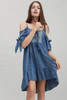 boho chambray cotton denim dress cold shoulder hi-lo ruffles (S M L)