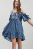 boho chambray cotton denim dress cold shoulder hi-lo ruffles (S M L)