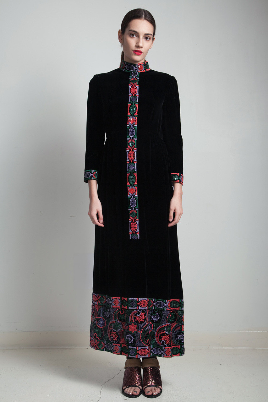 Victor Costa Black Velvet Maxi Dress Vintage 70s Sequinned