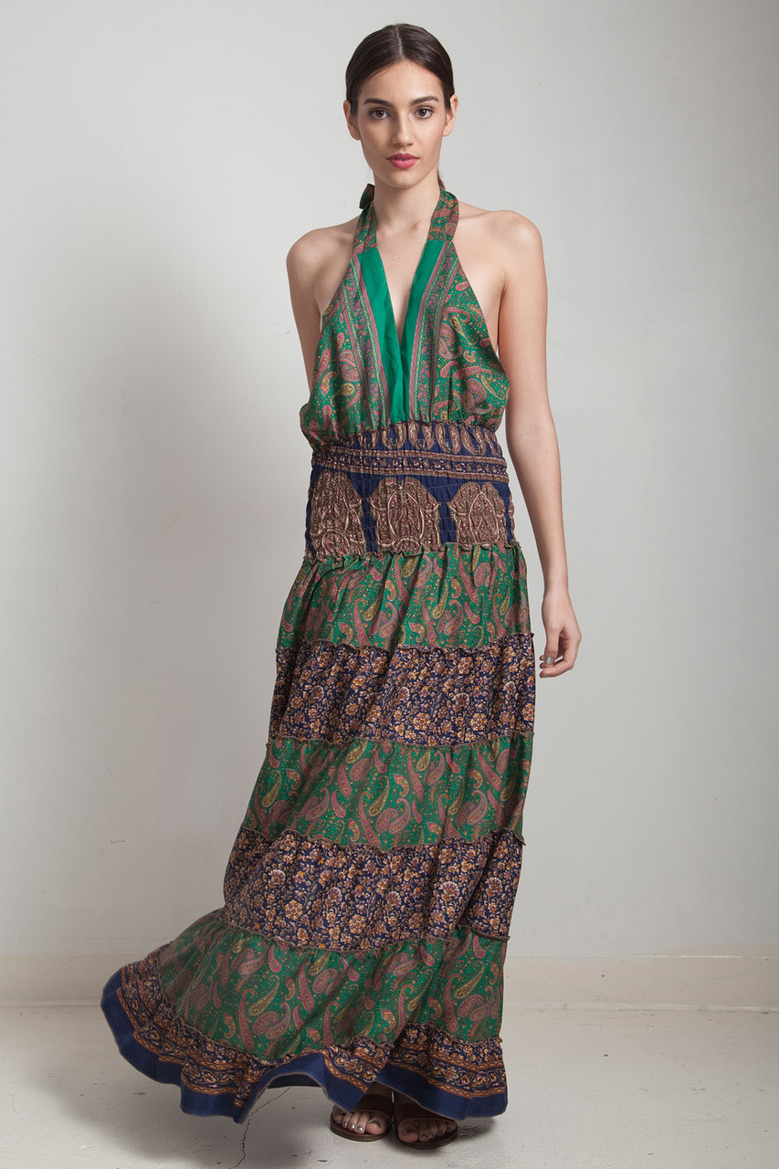 Ooak Bohemian Silk Sari Halter Tiered Maxi Dress Deep Plunging