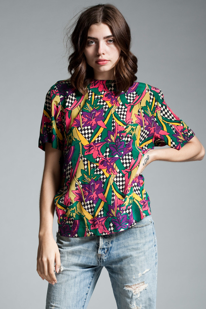 Vintage Pure Silk Blouse Bold Flower Floral Print Checker Board