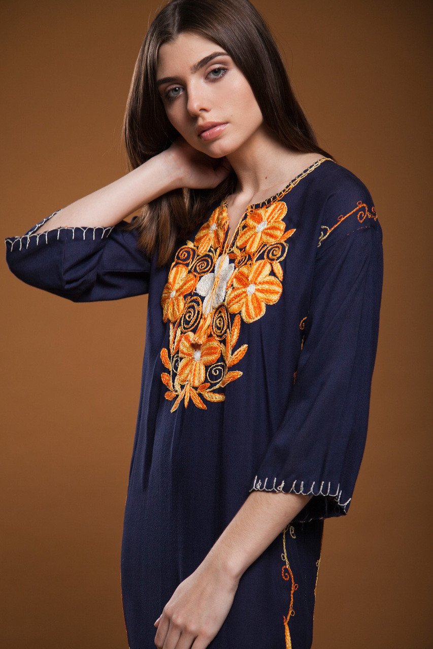 Vintage 70s Kaftan Maxi Dress Ethnic Floral Embroidery Navy Blue