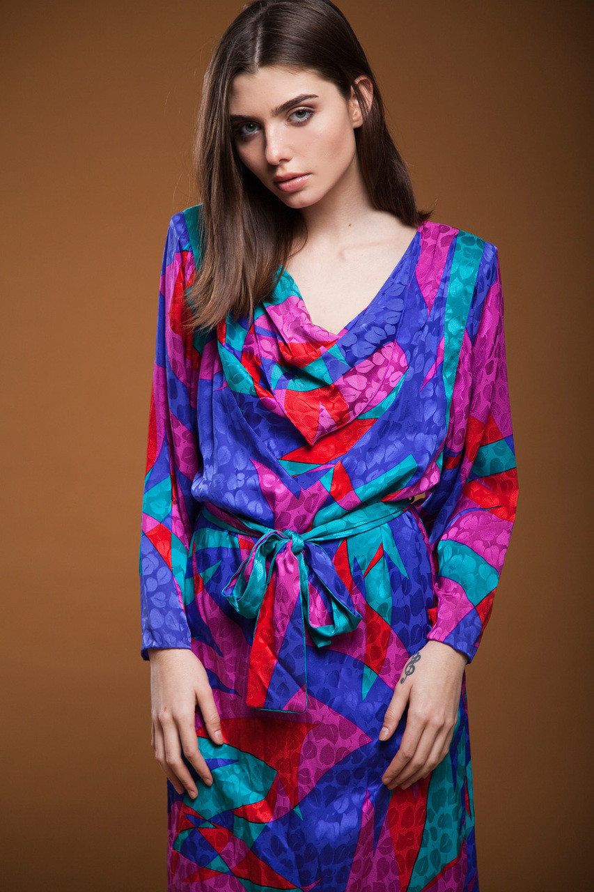 Vintage 80s Silk Dress Flora Kung Cowl Neck Batwing Sleeves Belted