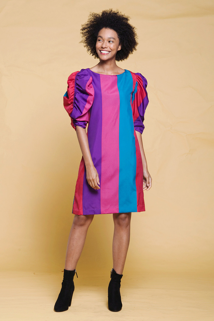 Balloon Sleeve Dress Stripes Pink Purple Blue Gathered Puff