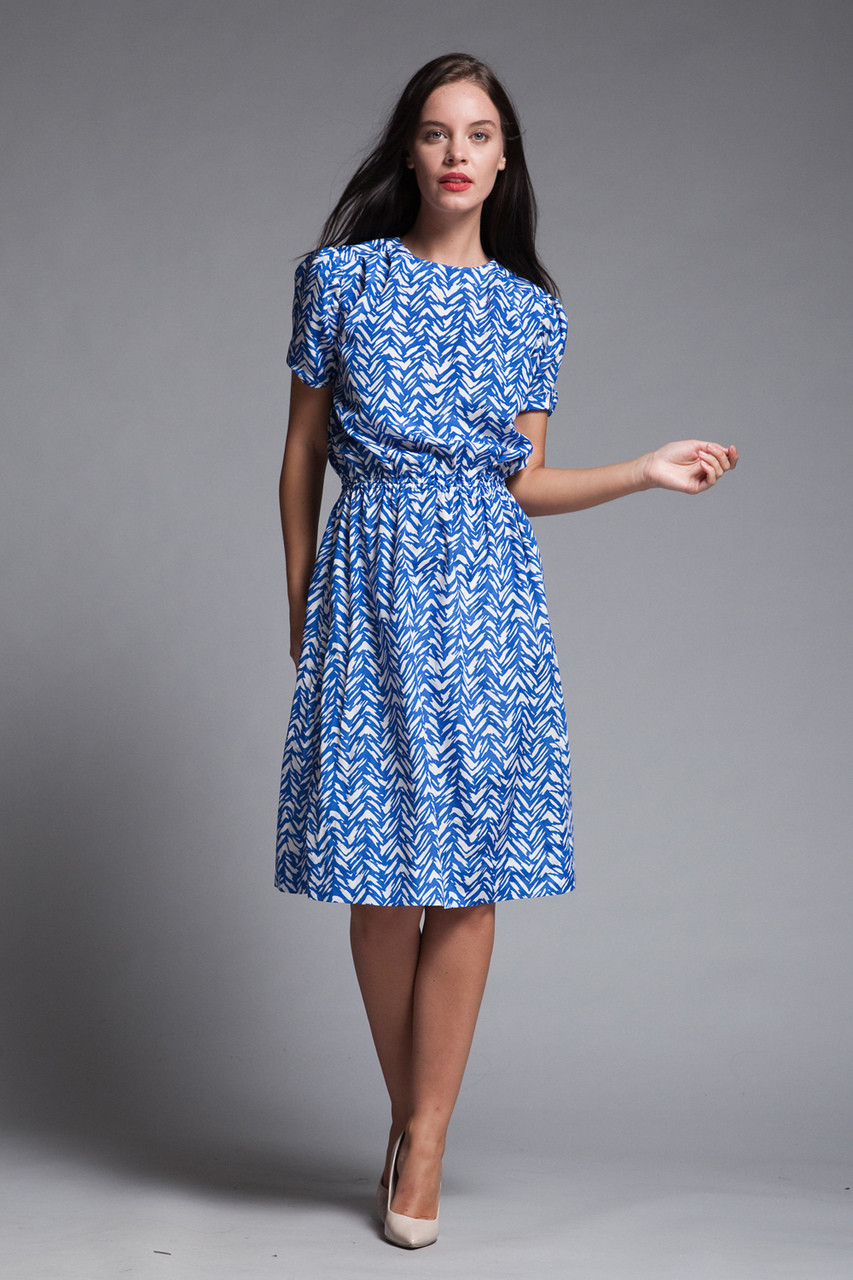 Secretary Dress Blue White Short Doll Sleeves Vintage 80s Small