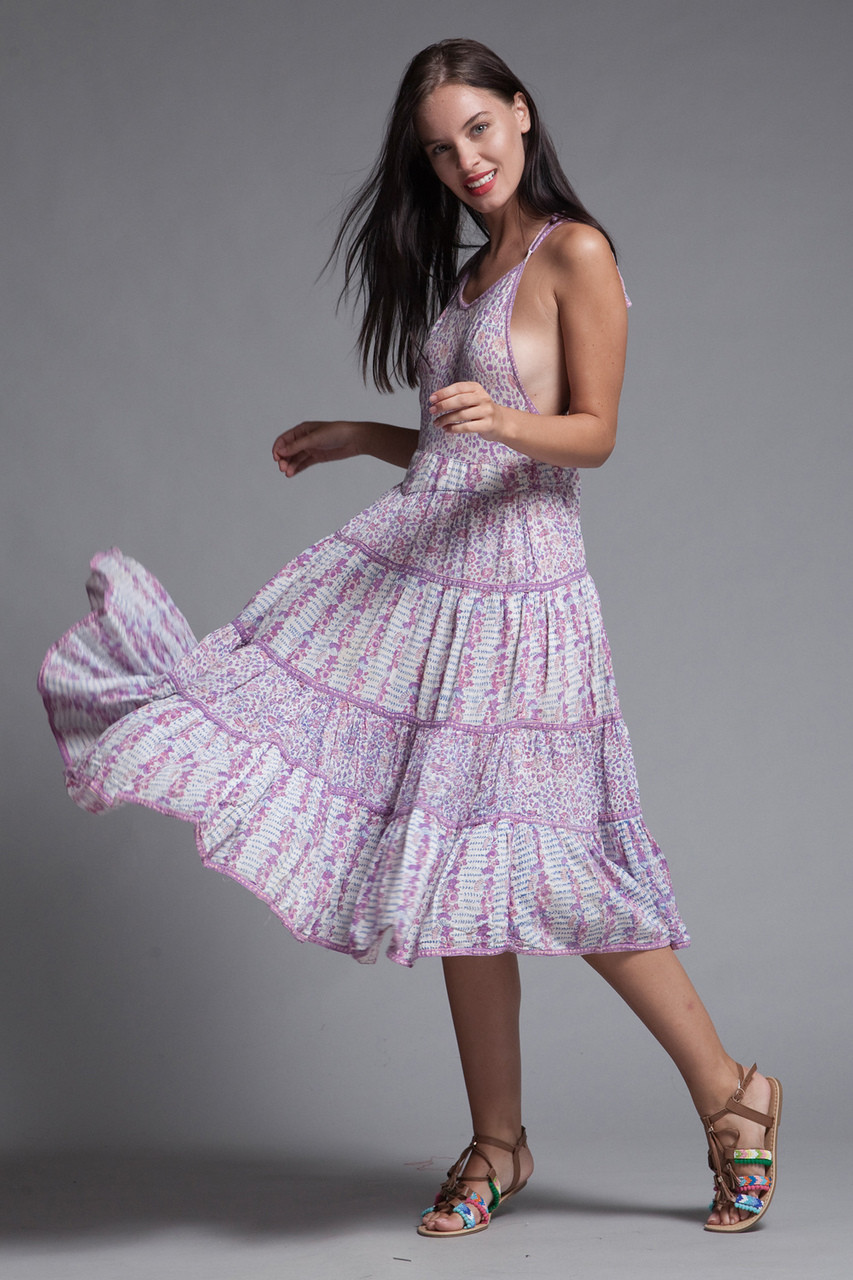Indian Gauze Cotton Apron Dress Block Print Pink Adini Open Back