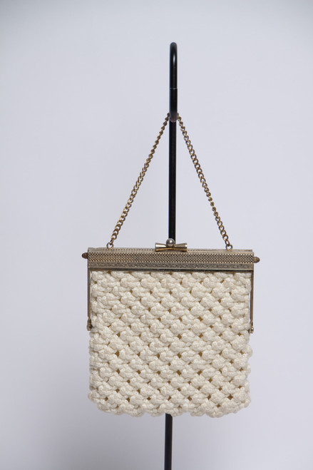 Filigree macrame ivory crochet clutch small metal chain purse vintage 