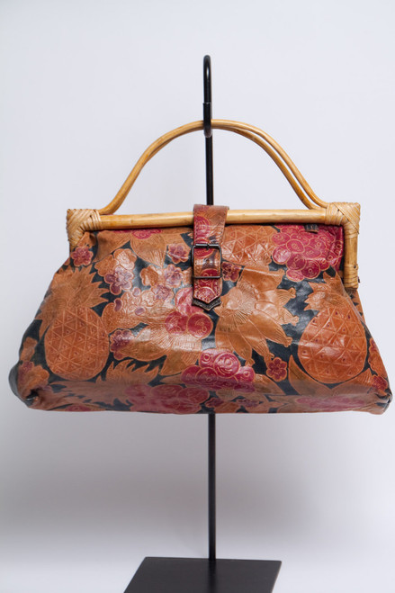 stamped leather purse 1980s Indonesian wooden handles