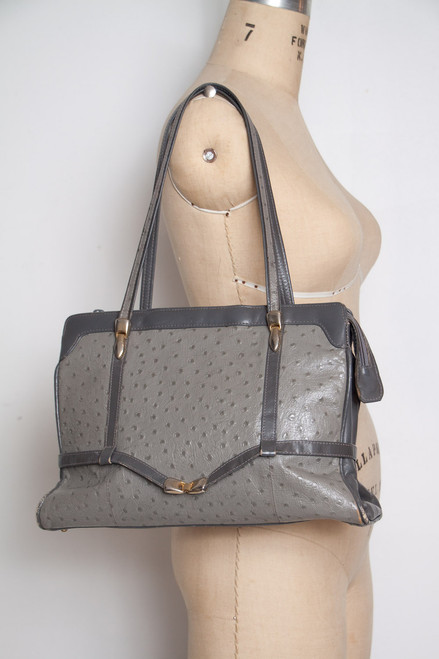 gray faux ostrich skin vintage bag Birks classic handbag gold tone hardware