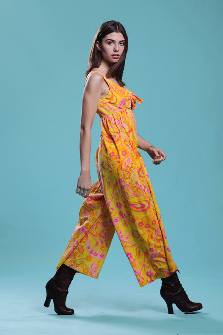 cotton jumpsuit keyhole tie front sleeveless empire waist vintage 70s SMALL MEDIUM S M