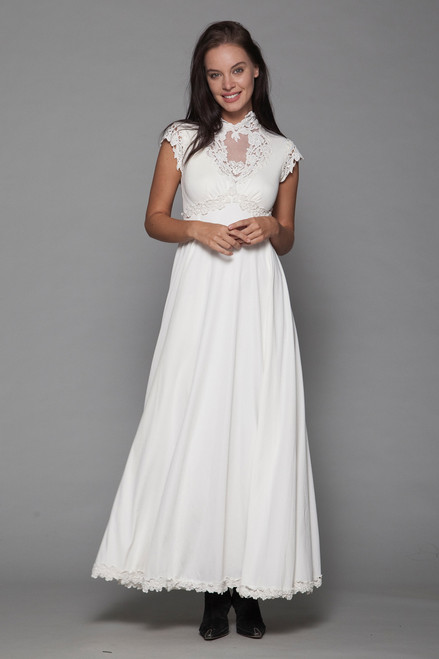 boho bride bohemian wedding dress maxi gown empire lace trims sleeveless vintage 70s XS extra small 