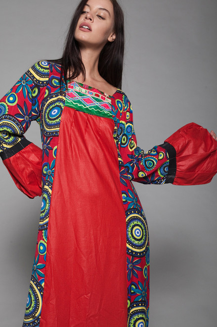 red maxi dress ethnic embroidery batik cotton bubble sleeves vintage 70s S M SMALL MEDIUM