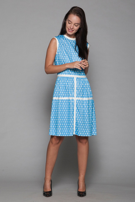 polka dot dress blue white sleeveless vintage 70s knee length S M SMALL MEDIUM
