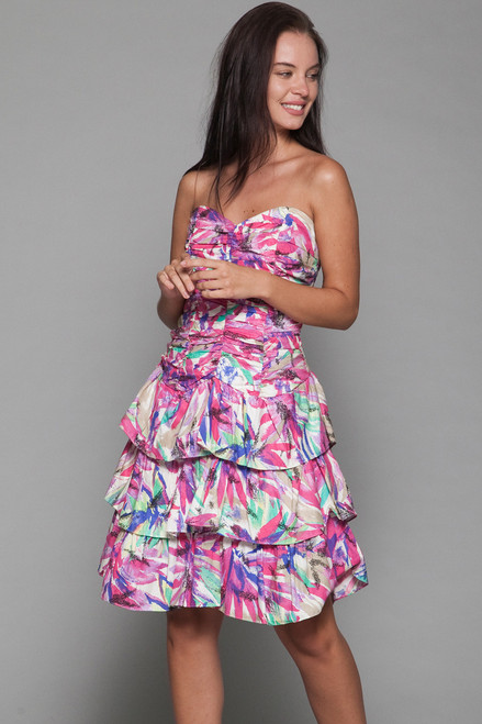 pink sweetheart cotton party tier dress strapless ruched vintage 80s SMALL MEDIUM S M