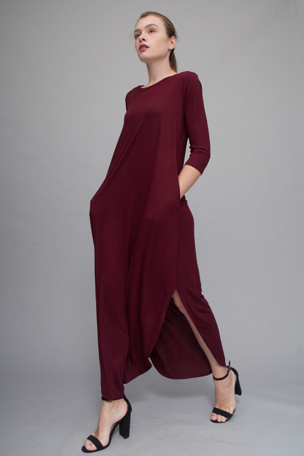 plus size maxi knit dress with rounded hem side slits burgundy red 2X