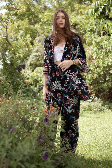 kimono top pants lounge set paisley print black 2-piece (choose size)