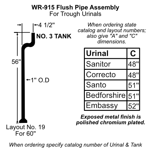 White Racker WR-915-19 Urinal High Tank Brass Flush Pipe