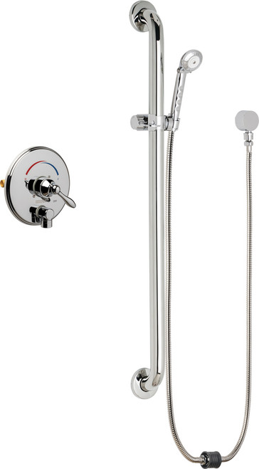 Chicago Faucets SH-TP4-00-024 Thermostatic/ Pressure Balancing Shower Fitting with Auto-Drain Hand Spray and 36" Grab Bar