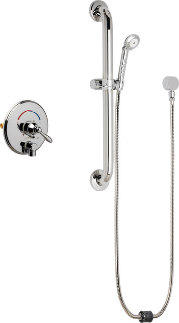 Chicago Faucets SH-TP4-00-063 Thermostatic/ Pressure Balancing Shower Fitting with Auto-Drain Hand Spray and 24" Grab Bar
