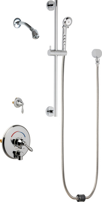 Chicago Faucets SH-TP4-22-021 Thermostatic/ Pressure Balancing Shower Fitting with Auto-Drain Hand Spray, and 24" Slide Bar